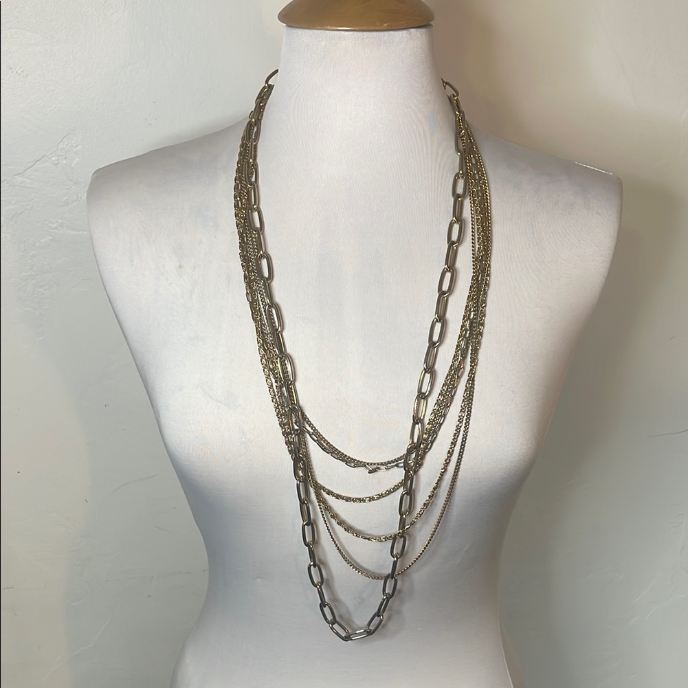 Vintage Six Strand Long Gold Tone Multi Chain Styles And Sizes Necklace 12$